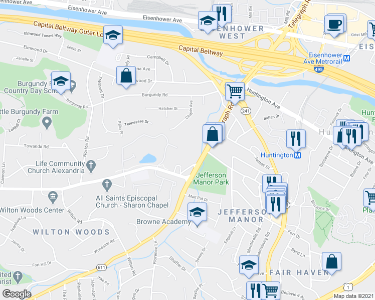 map of restaurants, bars, coffee shops, grocery stores, and more near 5762 Heritage Hill Drive in Alexandria