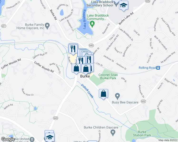 map of restaurants, bars, coffee shops, grocery stores, and more near 9402 Old Burke Lake Road in Burke
