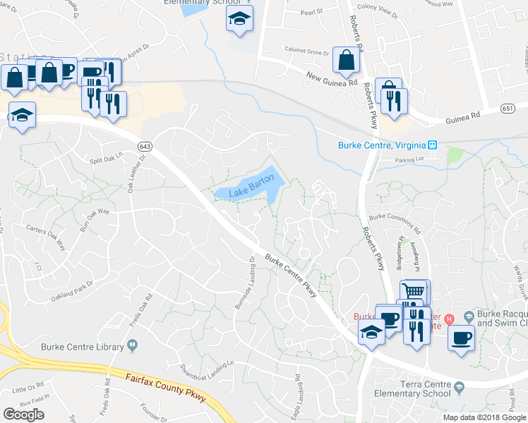 map of restaurants, bars, coffee shops, grocery stores, and more near 5717 Waters Edge Landing Court in Burke