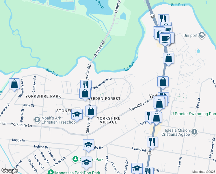 map of restaurants, bars, coffee shops, grocery stores, and more near 7463 Courtland Circle in Manassas