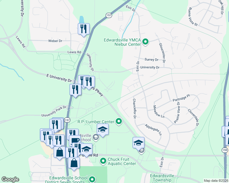 map of restaurants, bars, coffee shops, grocery stores, and more near 97 Devon Court in Edwardsville