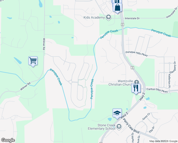 map of restaurants, bars, coffee shops, grocery stores, and more near 523 Wilmer Hollow Lane in Wentzville