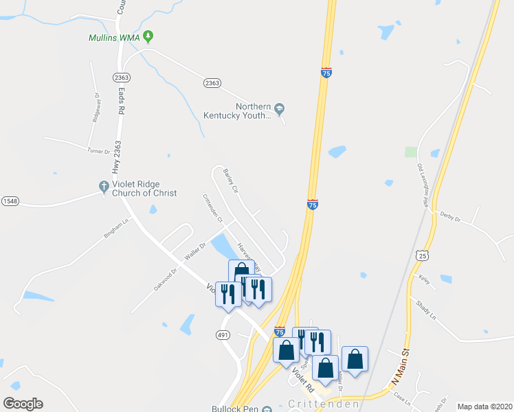 map of restaurants, bars, coffee shops, grocery stores, and more near 200 Milo Court in Crittenden