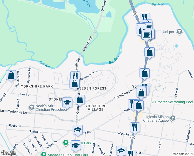 map of restaurants, bars, coffee shops, grocery stores, and more near 7509 Tendring Trail in Manassas