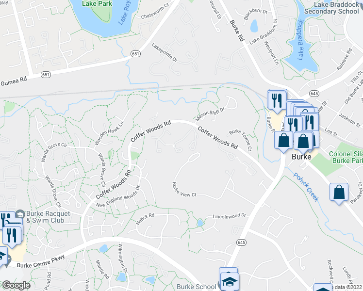 map of restaurants, bars, coffee shops, grocery stores, and more near 5839 Canvasback Road in Burke