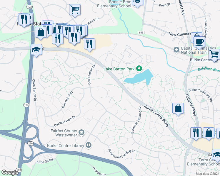 map of restaurants, bars, coffee shops, grocery stores, and more near 5806 Quiet Oak Court in Burke