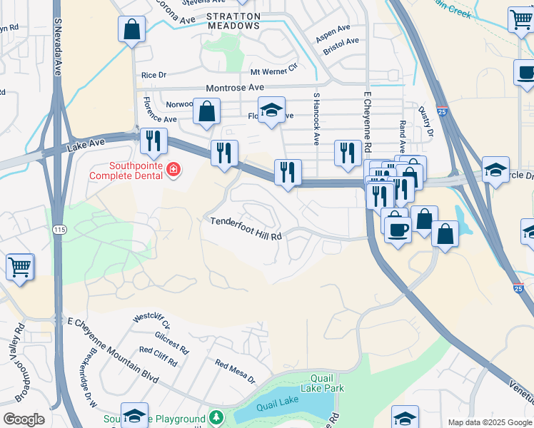 map of restaurants, bars, coffee shops, grocery stores, and more near 916 Tenderfoot Hill Road in Colorado Springs