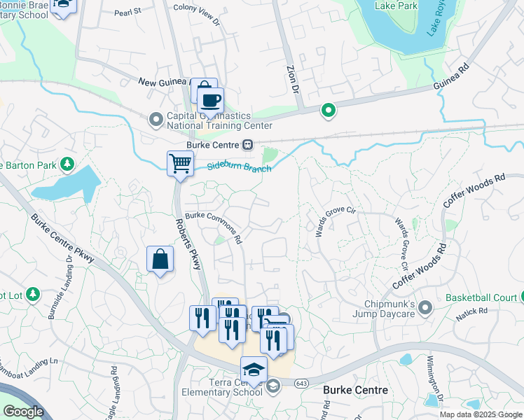 map of restaurants, bars, coffee shops, grocery stores, and more near 10203 Chase Commons Drive in Burke
