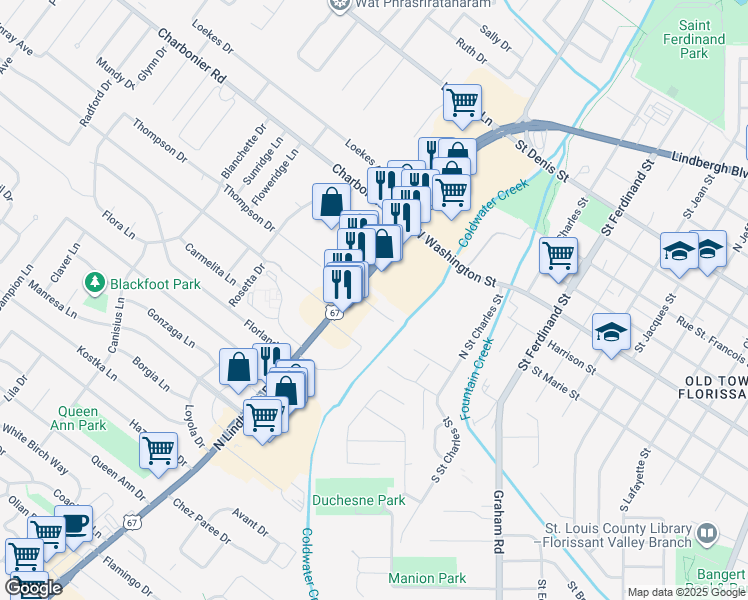 map of restaurants, bars, coffee shops, grocery stores, and more near 14 Bruce Drive in Florissant