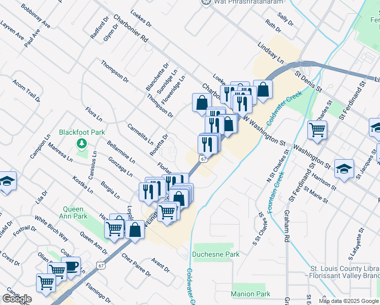 map of restaurants, bars, coffee shops, grocery stores, and more near 660 Materdie Lane in Florissant