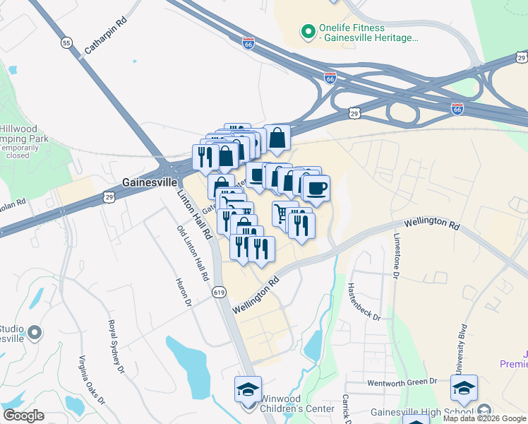 map of restaurants, bars, coffee shops, grocery stores, and more near 13301 Gateway Center Drive in Gainesville
