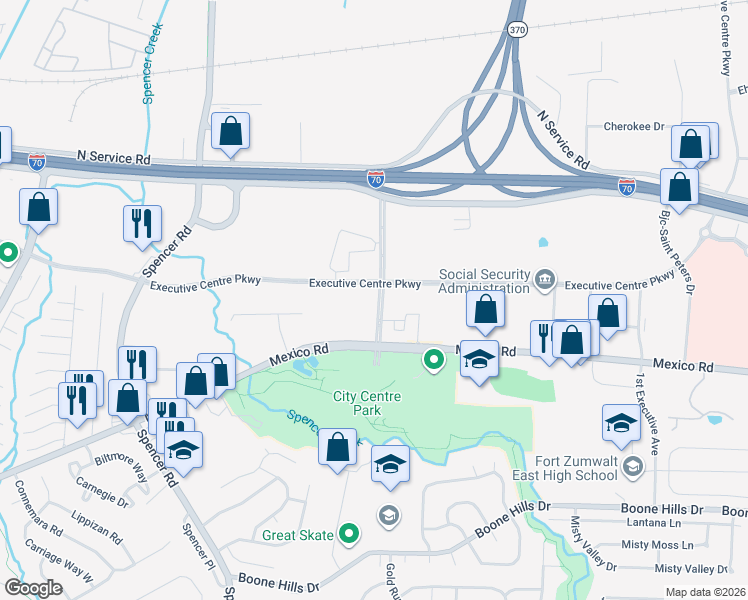 map of restaurants, bars, coffee shops, grocery stores, and more near 1100 Saint Peters Centre Boulevard in St. Peters