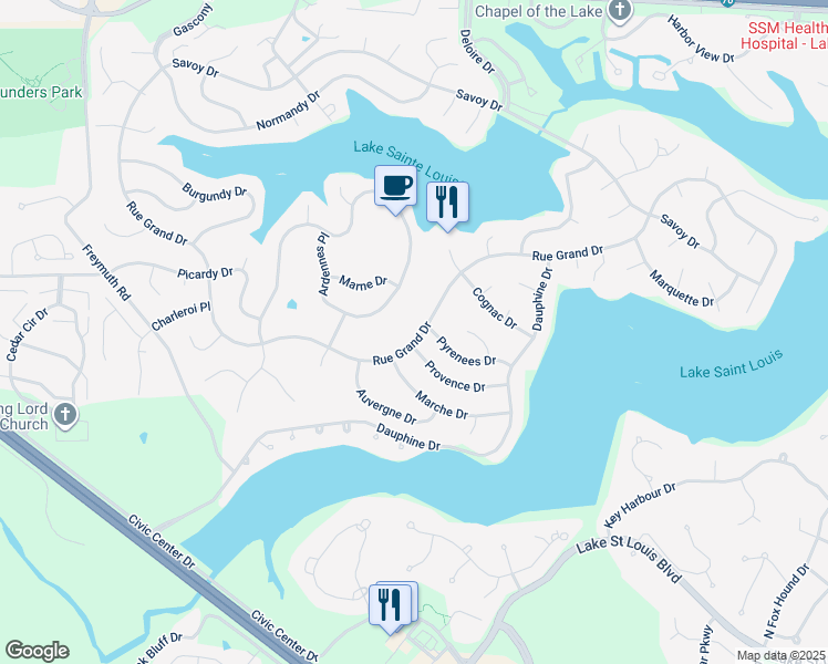 map of restaurants, bars, coffee shops, grocery stores, and more near 124 Rue Grand Drive in Lake Saint Louis