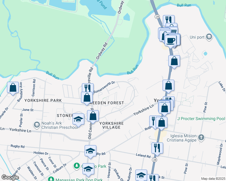 map of restaurants, bars, coffee shops, grocery stores, and more near 7509 Tendring Trail in Manassas