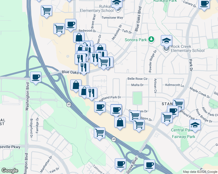 map of restaurants, bars, coffee shops, grocery stores, and more near 8516 Cortina Circle in Roseville
