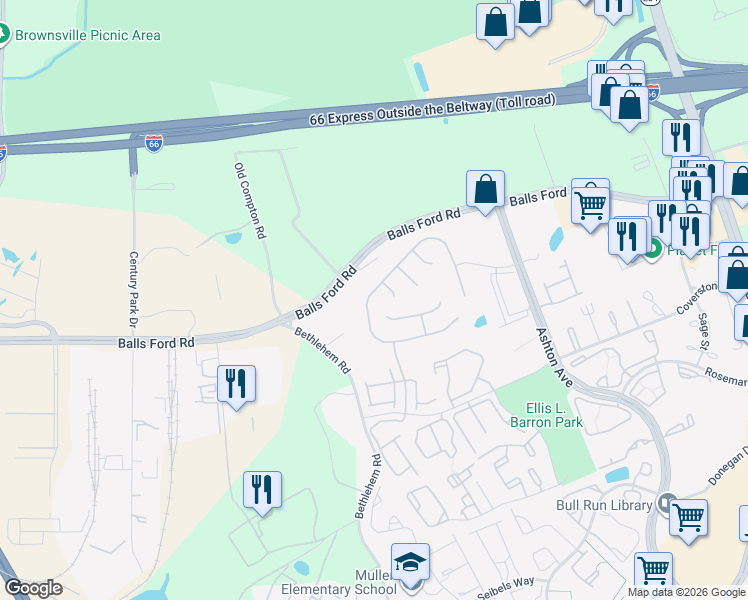 map of restaurants, bars, coffee shops, grocery stores, and more near 11210 Wheeler Ridge Drive in Manassas