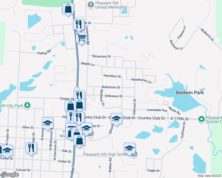 map of restaurants, bars, coffee shops, grocery stores, and more near 1300 Baltimore Street in Pleasant Hill