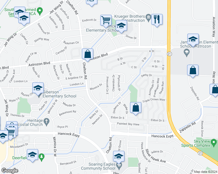 map of restaurants, bars, coffee shops, grocery stores, and more near 2615 Prescott Circle East in Colorado Springs