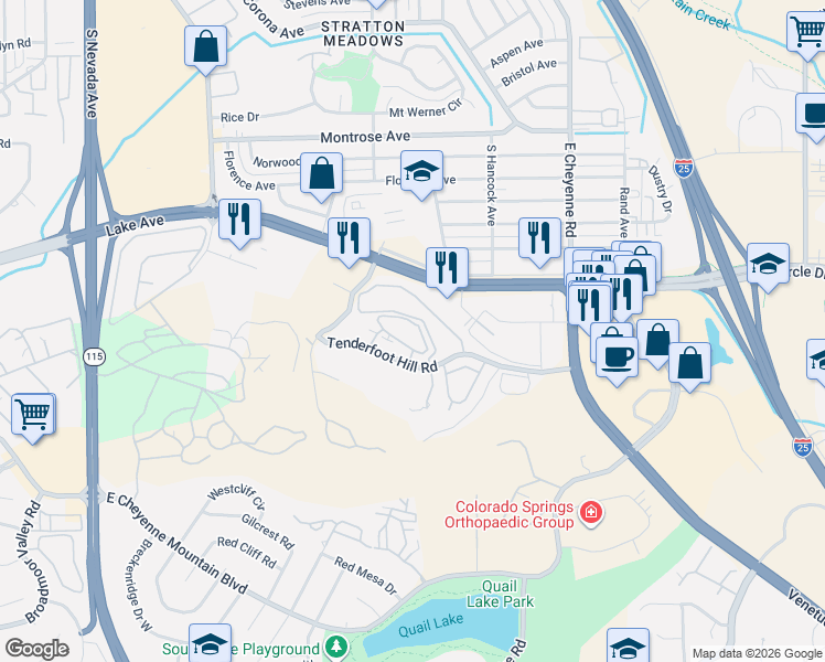 map of restaurants, bars, coffee shops, grocery stores, and more near 2795 Reeve Circle in Colorado Springs