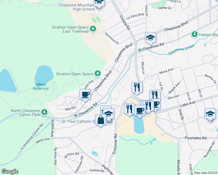 map of restaurants, bars, coffee shops, grocery stores, and more near 1528 West Cheyenne Road in Colorado Springs