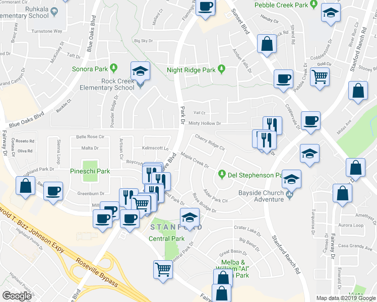 map of restaurants, bars, coffee shops, grocery stores, and more near 6941 Cherry Ridge Circle in Roseville