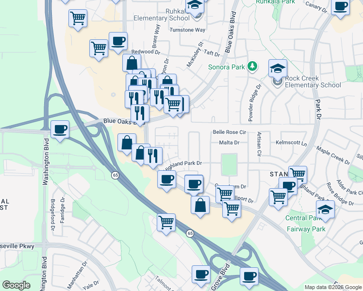 map of restaurants, bars, coffee shops, grocery stores, and more near 8516 Cortina Circle in Roseville