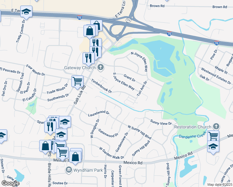 map of restaurants, bars, coffee shops, grocery stores, and more near 105 Timberbrook Drive in St. Peters