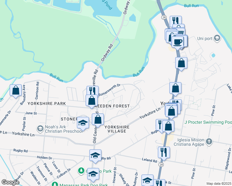 map of restaurants, bars, coffee shops, grocery stores, and more near 7463 Courtland Circle in Manassas
