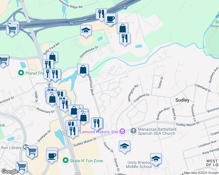 map of restaurants, bars, coffee shops, grocery stores, and more near 10441 Rapidan Lane in Manassas