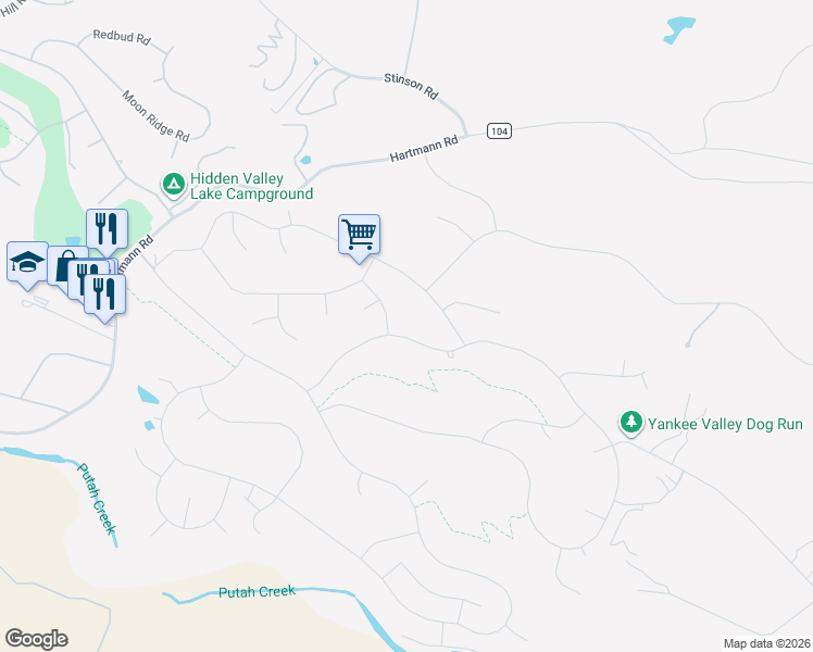 map of restaurants, bars, coffee shops, grocery stores, and more near 19744 Powder Horn Road in Hidden Valley Lake