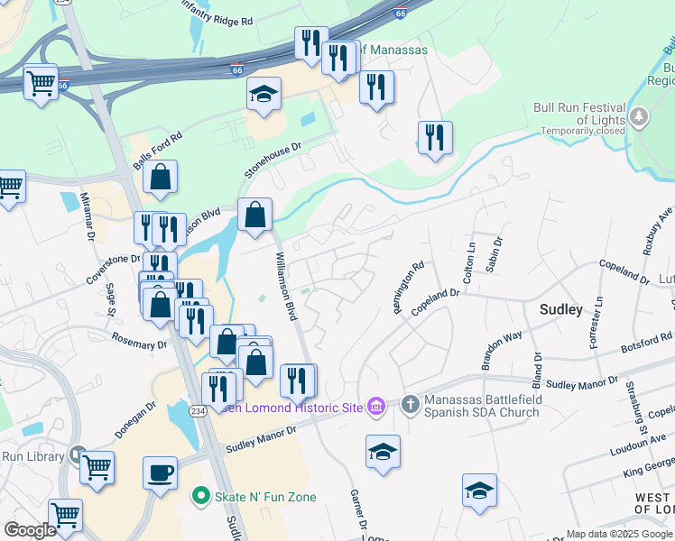 map of restaurants, bars, coffee shops, grocery stores, and more near 10441 Rapidan Lane in Manassas