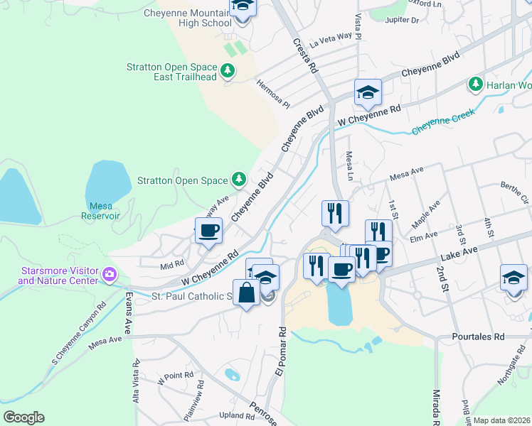 map of restaurants, bars, coffee shops, grocery stores, and more near 1528 West Cheyenne Road in Colorado Springs