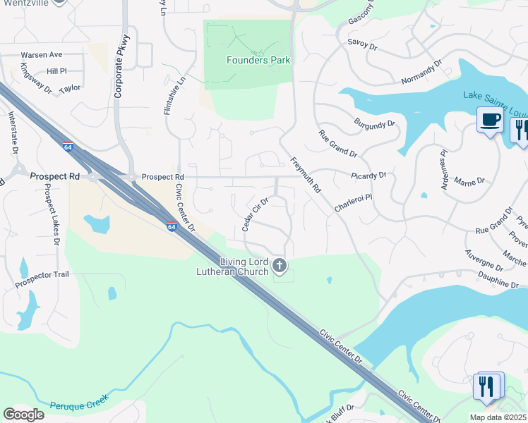 map of restaurants, bars, coffee shops, grocery stores, and more near 36 Cedar Circle Drive in Lake Saint Louis