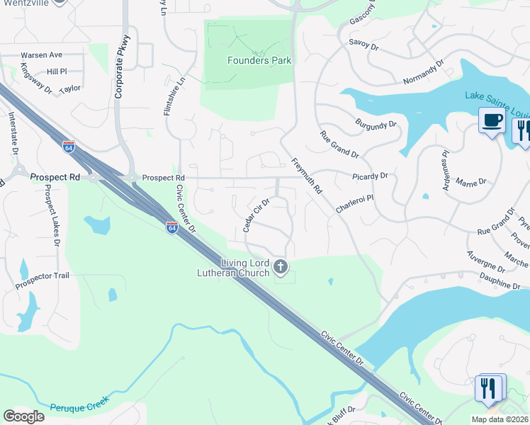 map of restaurants, bars, coffee shops, grocery stores, and more near 36 Cedar Cir Dr in Lake St Louis