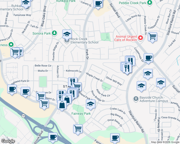map of restaurants, bars, coffee shops, grocery stores, and more near 6941 Cherry Ridge Circle in Roseville
