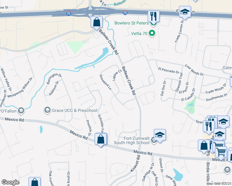 map of restaurants, bars, coffee shops, grocery stores, and more near 1464 Snowbird Lane in O'Fallon