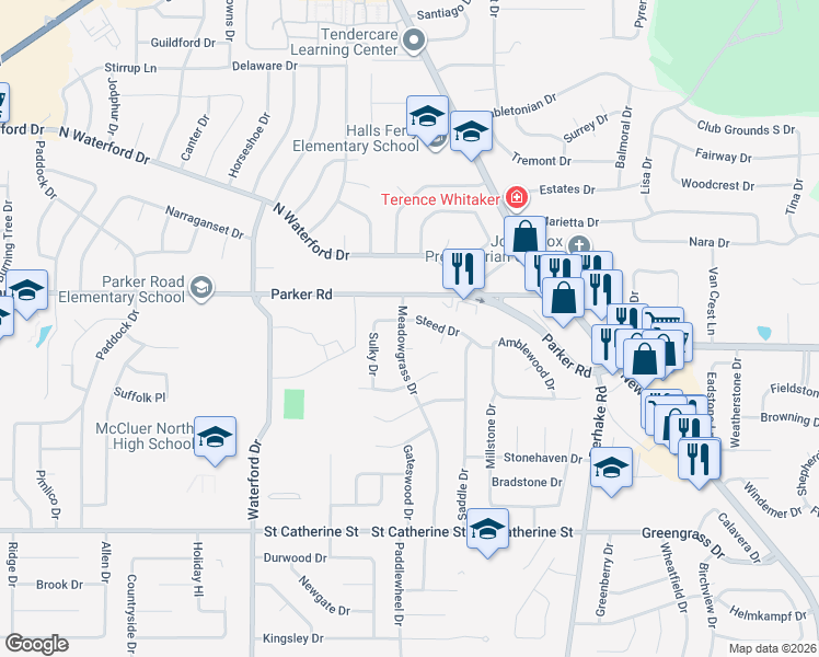 map of restaurants, bars, coffee shops, grocery stores, and more near 1170 Meadowgrass Drive in Florissant