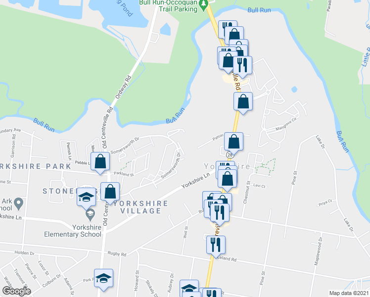 map of restaurants, bars, coffee shops, grocery stores, and more near 7569 Kimberton Court in Manassas