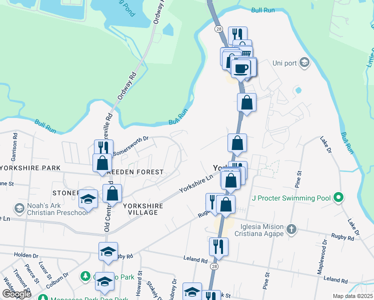map of restaurants, bars, coffee shops, grocery stores, and more near 7569 Kimberton Court in Manassas