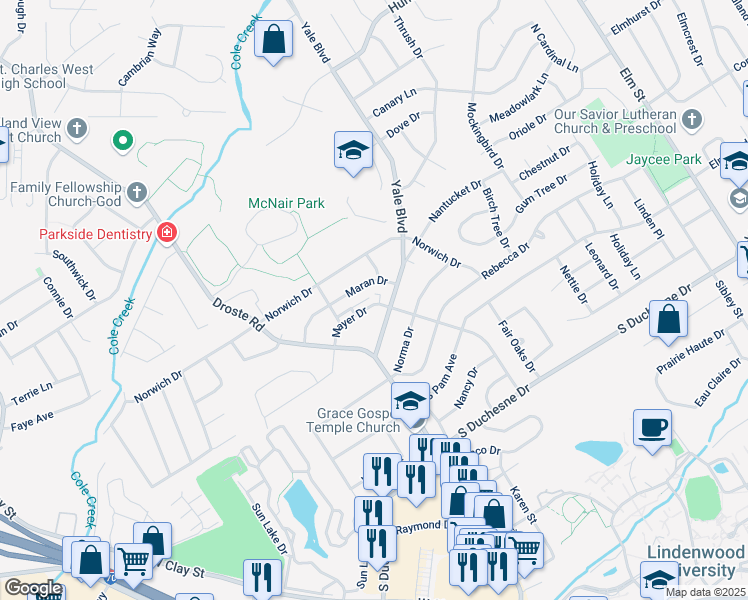 map of restaurants, bars, coffee shops, grocery stores, and more near 2914 Mayer Drive in Saint Charles
