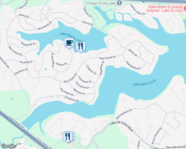 map of restaurants, bars, coffee shops, grocery stores, and more near 15 Cognac Drive in Lake Saint Louis
