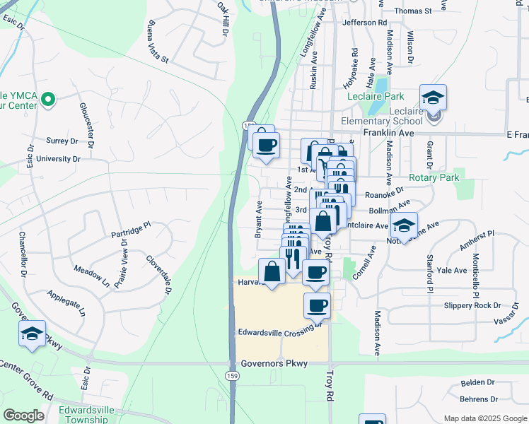 map of restaurants, bars, coffee shops, grocery stores, and more near 104 3rd Avenue in Edwardsville
