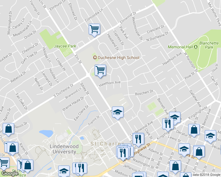 map of restaurants, bars, coffee shops, grocery stores, and more near 21 Saint Henry Court in Saint Charles