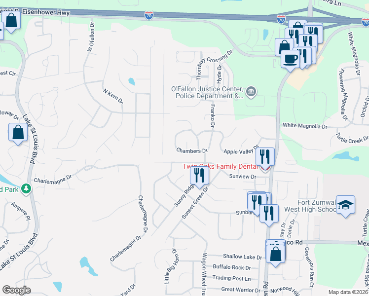 map of restaurants, bars, coffee shops, grocery stores, and more near 3 Chambers Court in O'Fallon