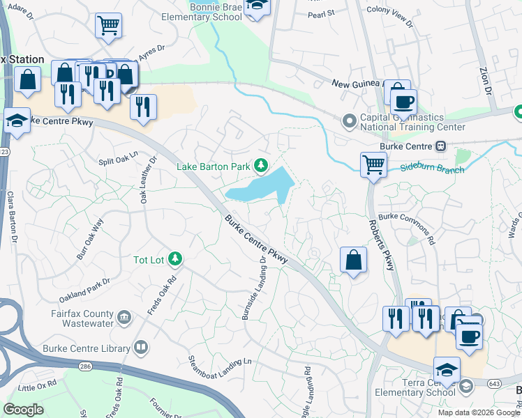 map of restaurants, bars, coffee shops, grocery stores, and more near 5701 Waters Edge Landing Court in Burke