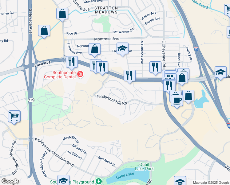map of restaurants, bars, coffee shops, grocery stores, and more near 842 Tenderfoot Hill Road in Colorado Springs