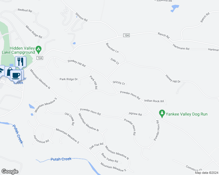 map of restaurants, bars, coffee shops, grocery stores, and more near 19851 Donkey Hill Road in Hidden Valley Lake
