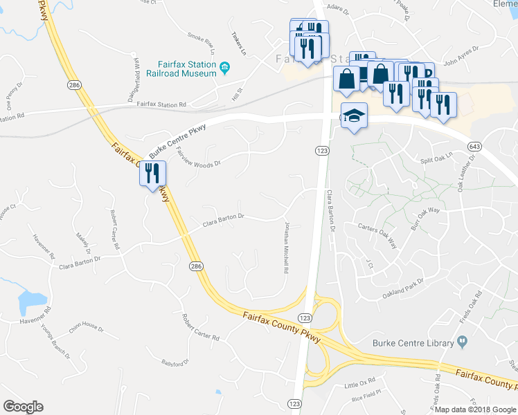 map of restaurants, bars, coffee shops, grocery stores, and more near 11020 Clara Barton Drive in Fairfax Station