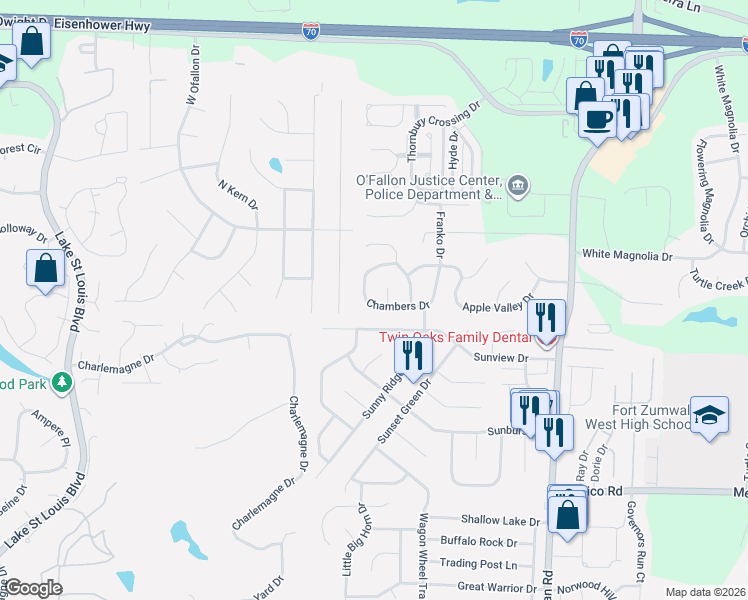 map of restaurants, bars, coffee shops, grocery stores, and more near 3 Chambers Court in O'Fallon