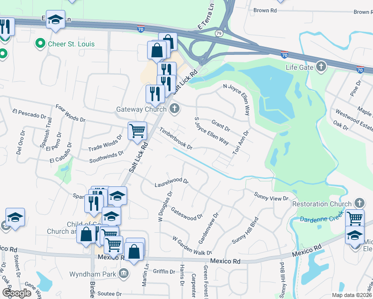 map of restaurants, bars, coffee shops, grocery stores, and more near 94 Timberbrook Drive in St. Peters